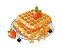 Waffle with strawberry and cherry decorated with caramel vector illustration manually created