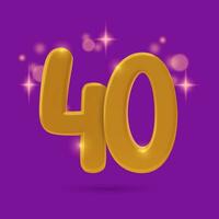 3D gold number 40. 20th anniversary on purple background with festive sparkling stars light effect. Realistic three dimensional vector illustration.