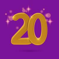 3D number twenty. Gold 20th anniversary on purple background with festive sparkling stars light effect. Realistic three dimensional vector illustration.