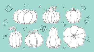 Pumpkins stickers set in doodle hand drawn style. Outline monochrome vector elements collection on blue background.