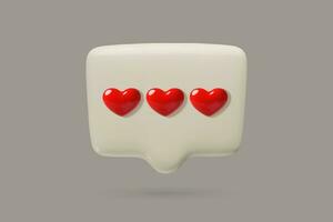 blanco habla burbuja con Tres rojo corazones. social medios de comunicación 3d icono. charla caja con romántico comentario o mensaje en San Valentín día. Tres dimensional vector ilustración aislado en blanco antecedentes.