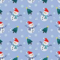 Cute snowman and Christmas tree in winter seamless pattern. vector
