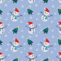 Cute snowman and Christmas tree in winter seamless pattern. vector