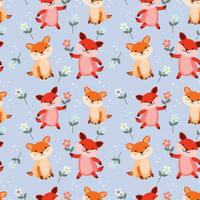 Cute couple fox with flowers seamless pattern. vector