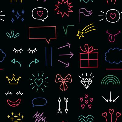 Hand drawn doodle elements seamless pattern. Dark theme. Cartoon illustration on black background. Neon elements texture