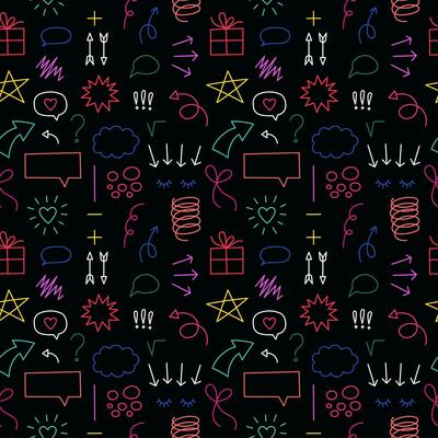 Hand drawn doodle elements seamless pattern. Dark theme. Cartoon illustration on black background. Neon elements texture