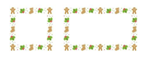 Square and Rectangle Gingerbread Cookies Frame Border Set, Christmas Winter Holiday Graphics. Homemade sweets pattern, card and social media post template. Vector illustration.