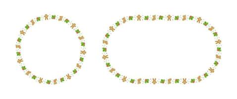 Round Gingerbread Cookies Frame Border Set, Christmas Winter Holiday Graphics. Homemade sweets pattern, card and social media post template on white background. Isolated vector illustration.
