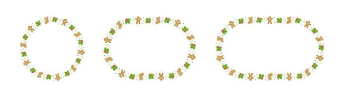 Round Gingerbread Cookies Frame Border Set, Christmas Winter Holiday Graphics. Homemade sweets pattern, card and social media post template on white background. Isolated vector illustration.