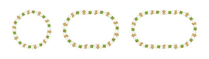 Round Gingerbread Cookies Frame Border Set, Christmas Winter Holiday Graphics. Homemade sweets pattern, card and social media post template on white background. Isolated vector illustration.