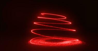 resumen rojo volador línea de puntos y luminoso partículas de energético mágico brillante espirales en el forma de un Navidad nuevo año árbol foto