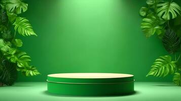 Podium product stand or display with leaf green background and cinematic light photo