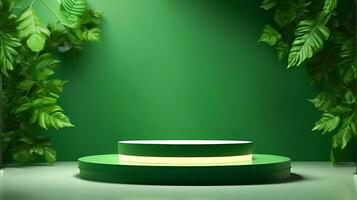 Podium product stand or display with leaf green background and cinematic light photo