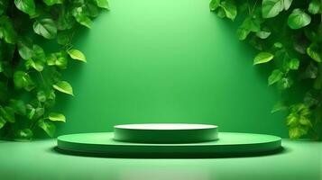 Podium product stand or display with leaf green background and cinematic light photo