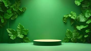 Podium product stand or display with leaf green background and cinematic light photo