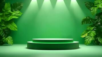 Podium product stand or display with leaf green background and cinematic light photo