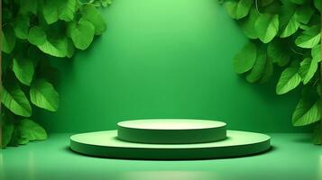 Podium product stand or display with leaf green background and cinematic light photo