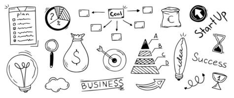 Sketch doodle business elements, financial hand drawn icons. Vector growth success concept