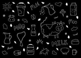 Doodle set of Milk and Dairy Products. Hand drawn farm food and cow elements set. Vector sketch illustration isolated on white background for menu, shops