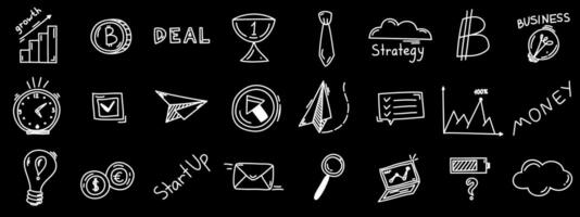 Set of doodle business icons, hand drawn growth finance elements. Lamp idea, target, cloud, money plant, clock, paper plan. Sketch line vector success signs isolated on black background