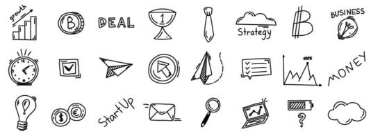 Set of doodle business icons, hand drawn growth finance elements. Lamp idea, target, cloud, money plant, clock, paper plan. Sketch line vector success signs
