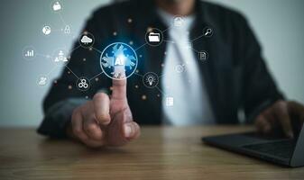 Man point finger touch virtual digital Ai network chain. Digital transformation change management, internet of things, smart Ai technology, IoT concepts of business icons smart Internet of Things. photo