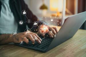 Man using laptop and touch virtual digital Ai network chain. Digital transformation change management, internet of things, smart Ai technology, IoT concepts of business icons smart Internet of Things. photo