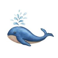 Cute cartoon watercolor blue whale. Sea illustration can be used for kids room decor, kids print, poster, pattern, stickers, wallpaper, wrapping vector