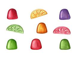 Multicolored caramel in the form of fruit slices, jelly. Bonbons, candy, lollipops, sugar, sweet, drop. Watercolor illustration isolated on white. For candy shop, postcard, decoration, templates vector