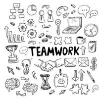 Hand draw business doodles with varieties of business and teamwork icons and words set on white background.Concept for business idea,startup and innovation technology.Doodle art collection. vector