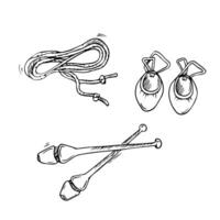 Vector doodle rhythmic gymnastics equipment set. Line art. Skipping rope, sportwear, clubs, halfshoes illustrations