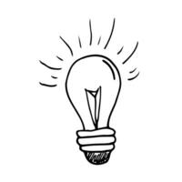 Vector light bulb icon with concept of idea. Doodle hand drawn sign. Illustration for print, web. Buisness, startup concept