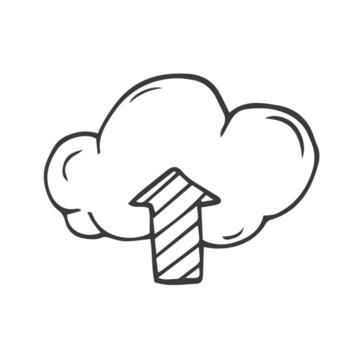 Doodle data server cloud sketch. Hand drawn sketch style cloud, arrow for internet database, digital storage concept. Vector illustration.