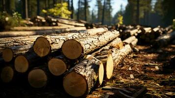 Freshly cut natural logs from trees at logging site in the forest photo