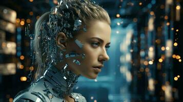 Futuristic beautiful woman robot cyborg with metal implants on blurred background photo