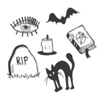 Halloween characters and attributes doodle set. Vector illustration.