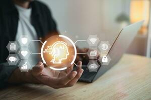 Businessman working laptop virtual digital AI network chain. Digital transformation change management, internet of things, smart Ai technology, IoT concepts of business icons smart Internet of Things. photo