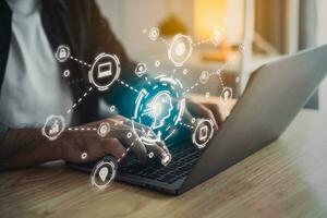 Businessman working laptop virtual digital AI network chain. Digital transformation change management, internet of things, smart Ai technology, IoT concepts of business icons smart Internet of Things photo