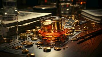 un montón de oro monedas y dinero en el mesa, Finanzas concepto de crédito y financiero literatura de riqueza acumulación foto