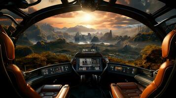 View from inside the cabin of a futuristic spaceship on an exotic alien planet photo