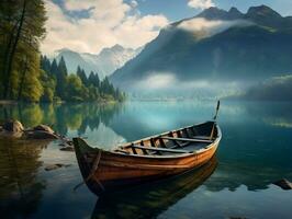 A boat on a lake with mountains in the background AI Generative photo