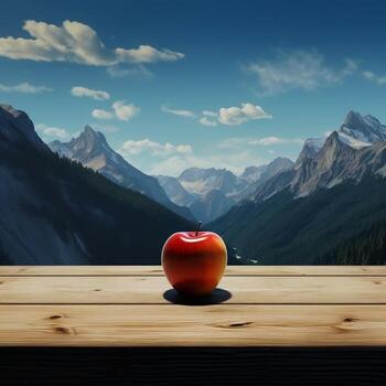 An apple is placed on a table in front of a mountain range AI Generative photo