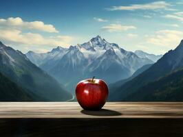 An apple is placed on a table in front of a mountain range AI Generative photo