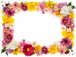 Border of flowers on white background with blank white text space AI Generative photo