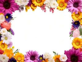 Border of flowers on white background with blank white text space AI Generative photo