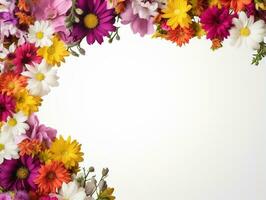 Border of flowers on white background with blank white text space AI Generative photo