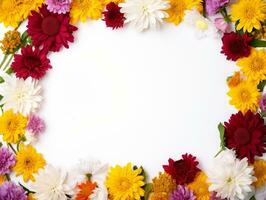 Border of flowers on white background with blank white text space AI Generative photo