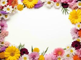 Border of flowers on white background with blank white text space AI Generative photo