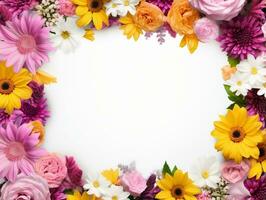 Border of flowers on white background with blank white text space AI Generative photo