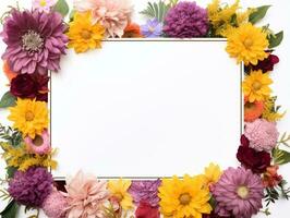 Border of flowers on white background with blank white text space AI Generative photo